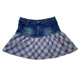 Vintage Sugar Tart Mixed Media Zip Fly Denim Plaid Cotton Mini Skirt Sz L